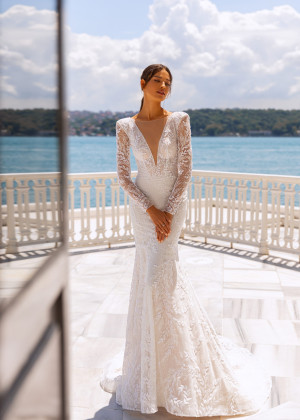 Long Sleeves Beaded Ivory Lace Tulle V Back Sexy Wedding Dress